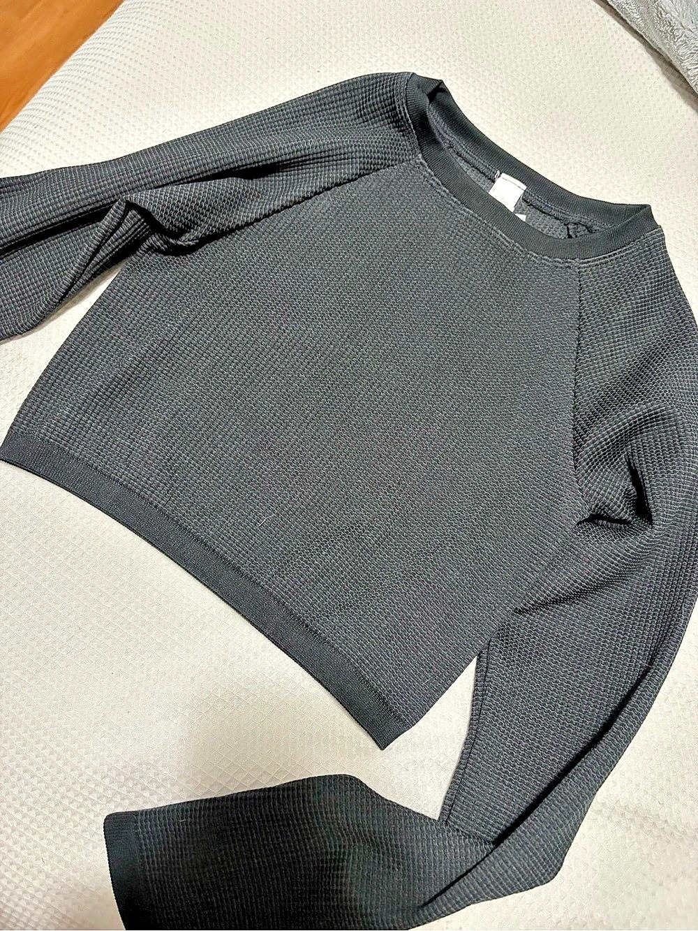 Aerie Waffle-Knit Crewneck Long-Sleeve Shirt Black